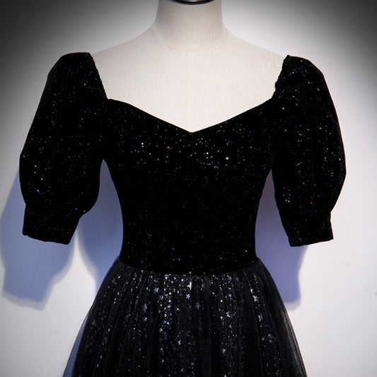 Black tulle long prom dress A line evening gown 10105