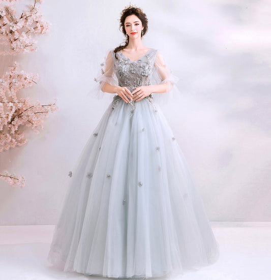 Gray tulle applique long prom dress evening gown 10100