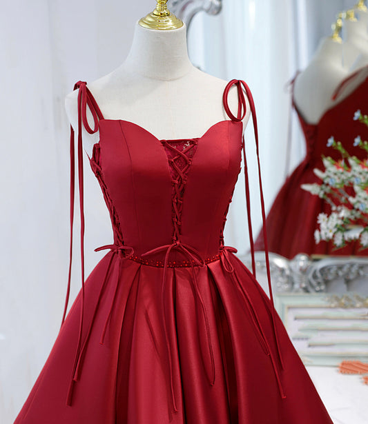 Burgundy satin lace-up short prom dress party dress 10098