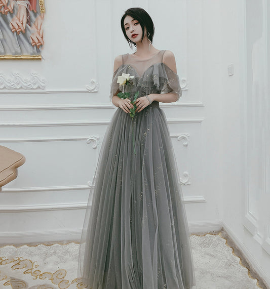 Cute tulle long A ine prom dress evening gown 10136