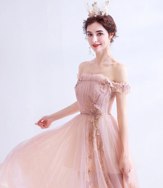 Pink tulle long A line prom dress pink evening dress 10129
