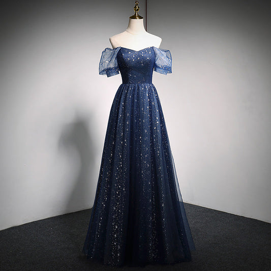 Blue tulle long A line prom dress blue evening dress 10018