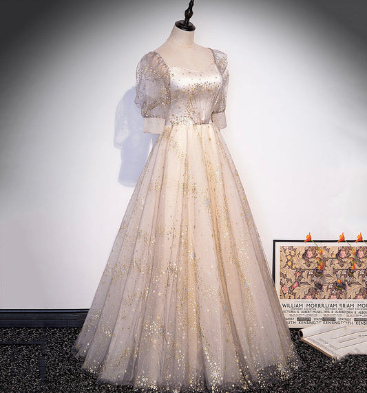 Champagne tulle sequins long prom dress evening gown 10004