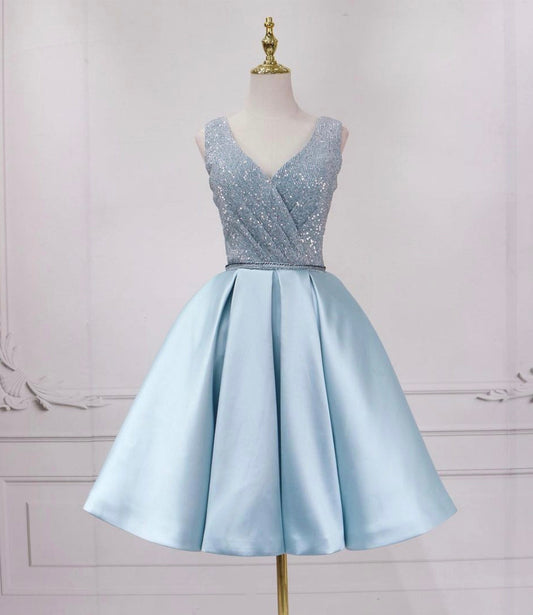 Blue v neck sequins short prom dress blue evening dress 8826