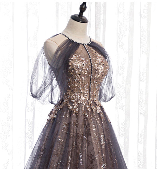 Stylish tulle sequins long prom dress evening gown 10007