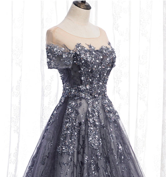 Gray tulle sequins long prom dress A line evening gown 10002