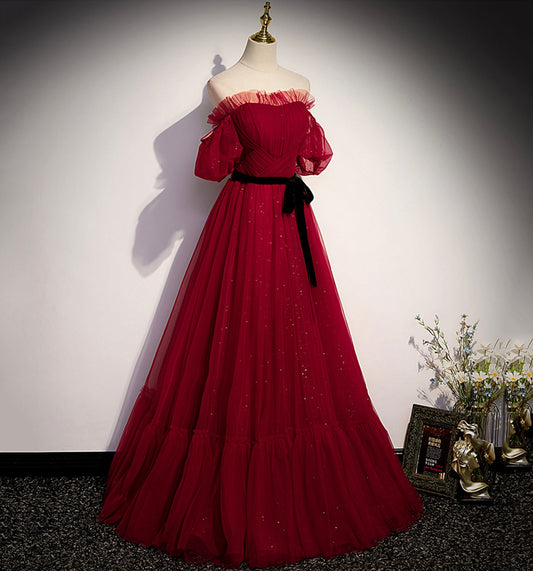 Burgundy tulle long prom dress A line evening gown 10009