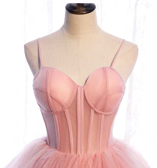 Pink tulle long prom dress A line evening gown 10012