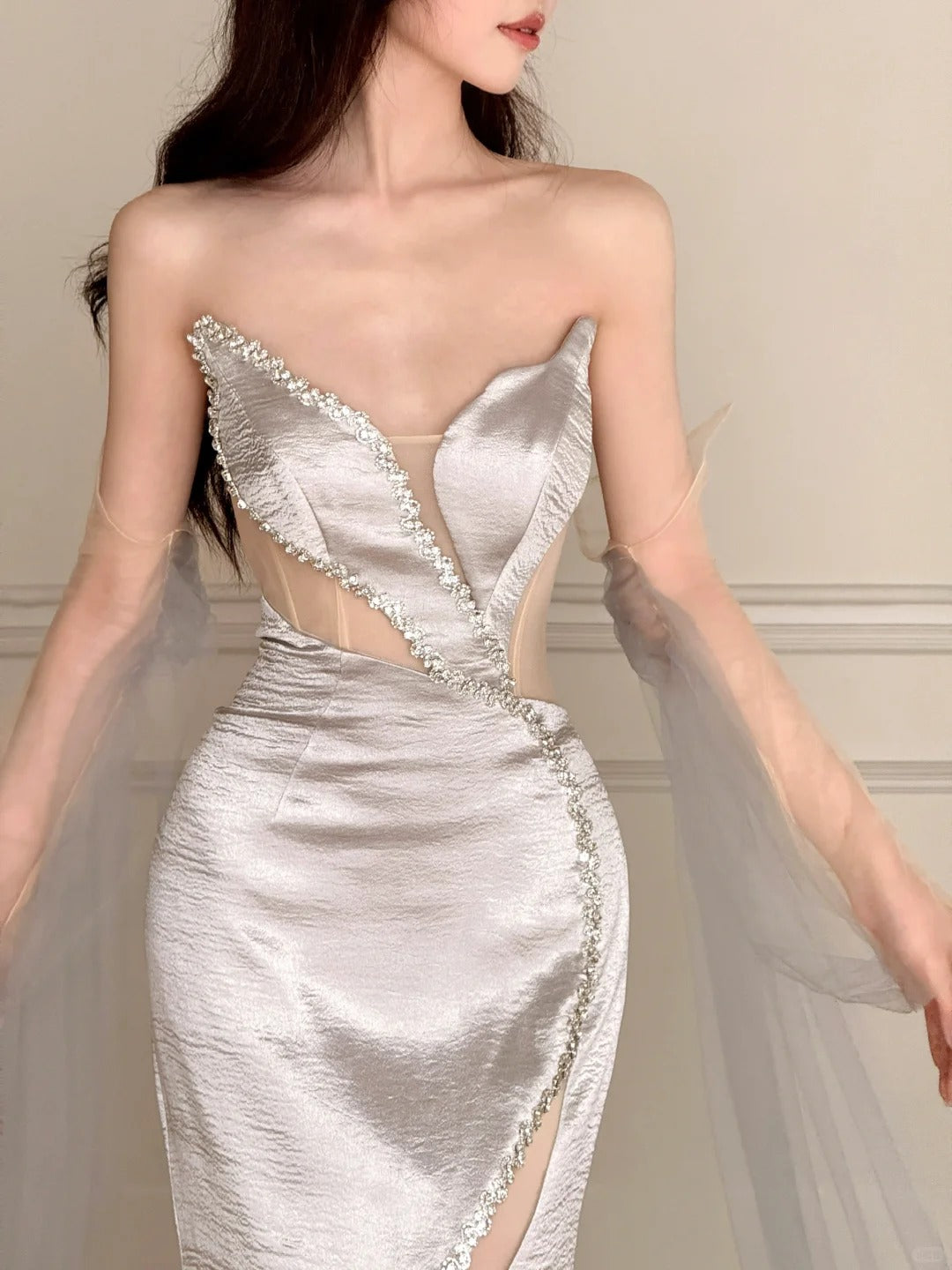 Elegant Silver-Grey Mermaid Strapless Satin Long Prom Dress Evening Dress P4107