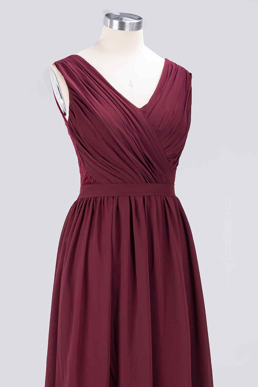 Burgundy A-line V Neck Pleated Chiffon Long Bridesmaid Dress