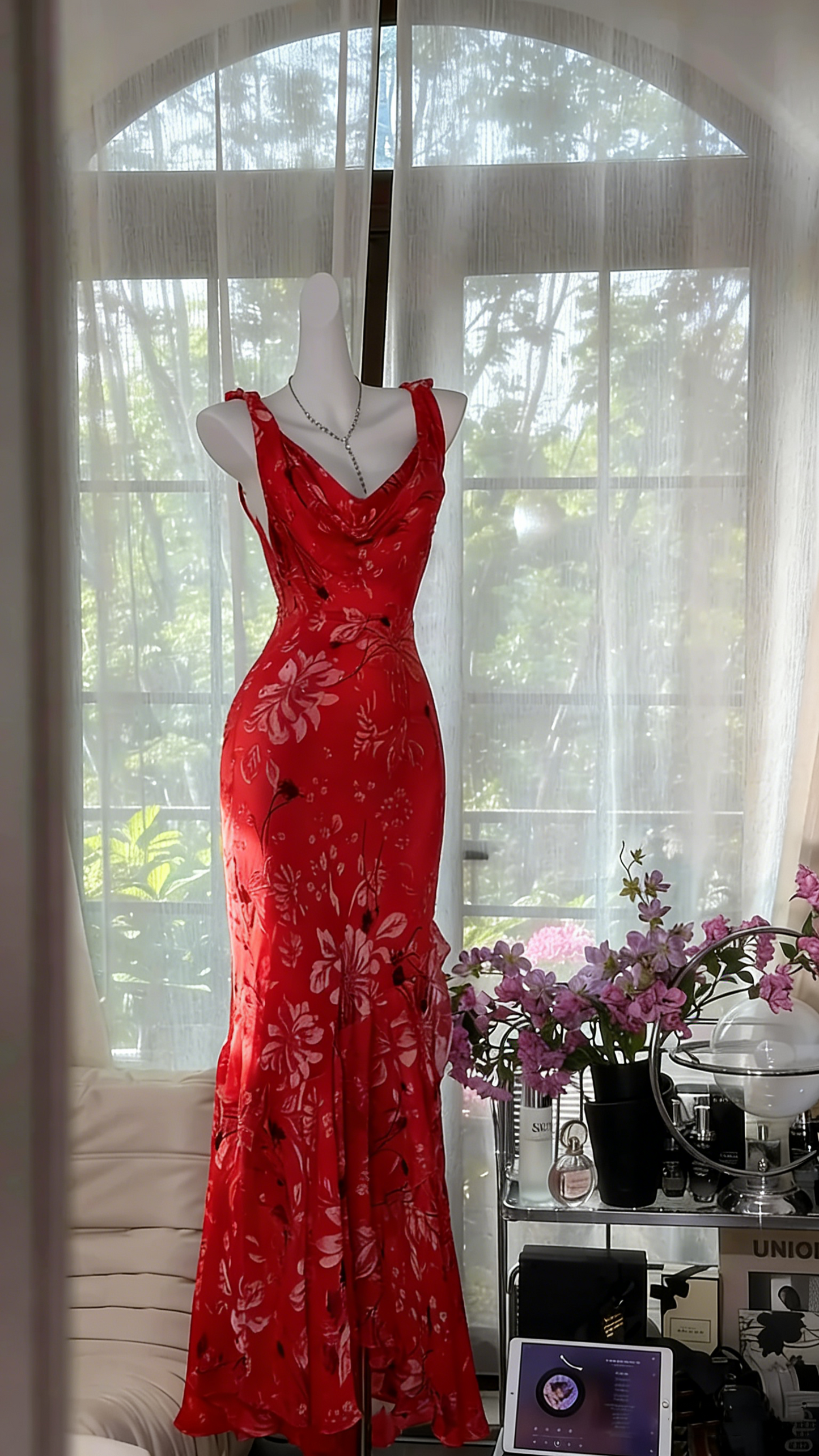 Elegant Purple Mermaid Printed Boat Neck Chiffon Long Prom Dress Evening Dress P4040