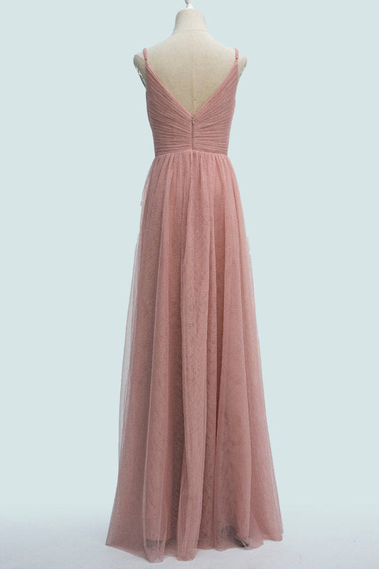 Blushing Pink A-line Spaghetti Strap Pleated Long Bridesmaid Dress