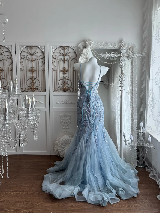 Light Blue Spaghetti Straps Fitted Waist Sexy Mermaid Skirt Prom Gown & Evening Gown gh7353