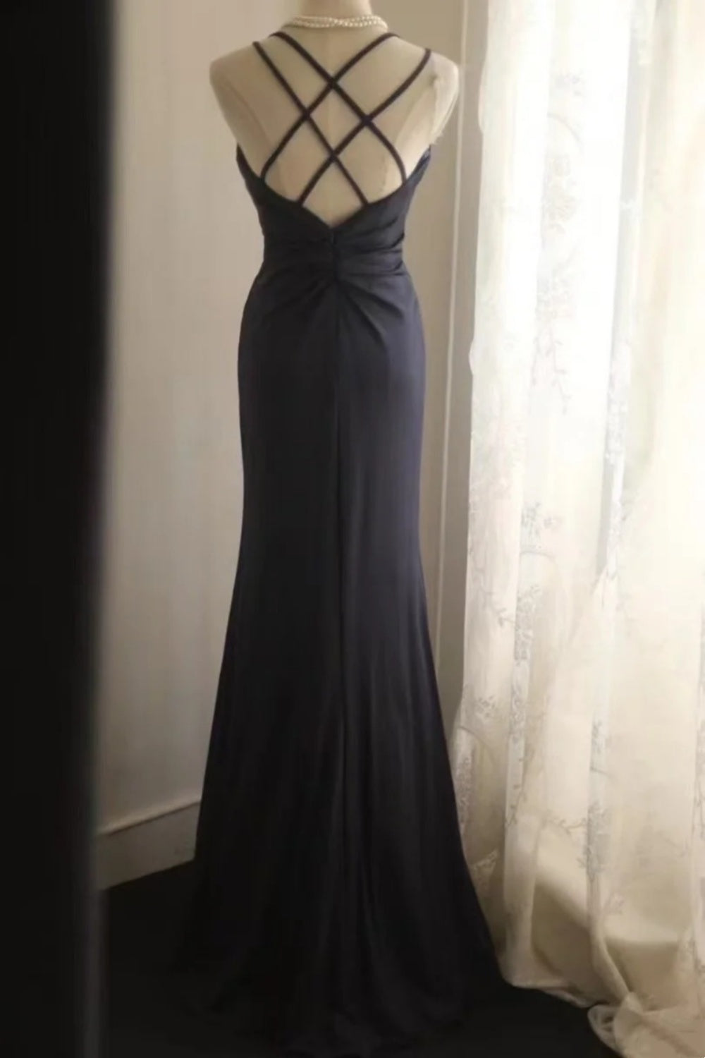 girlhomeshops-Elegant navy blue spaghetti strap deep V neck waist dress, vintage embellished elegant long evening gown gh5826