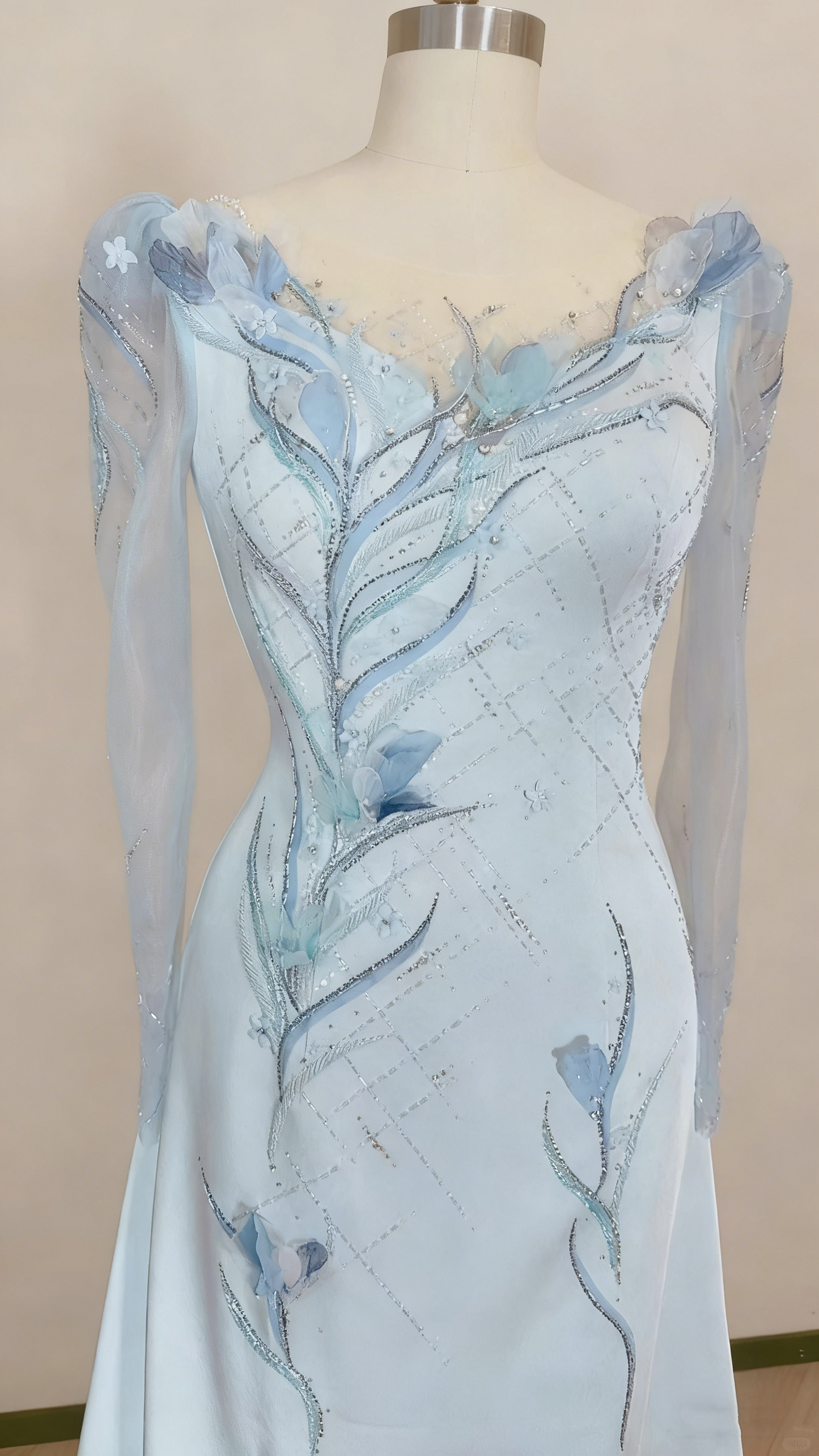 Formal Dress Light Blue Satin Sheer Long-Sleeve Beaded Floral Floor-Length Gown gh6389