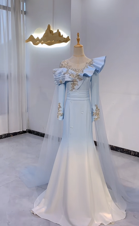Light Blue Gradient Asymmetric Neckline Waist-Cinched Fitted Long Evening Dress, Fairy Gown, Romantic Gown gh7379