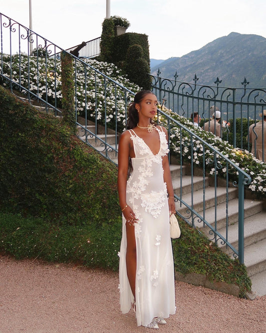 Sexy A line V neckline Floor Length Chiffon White Prom Dress 1698
