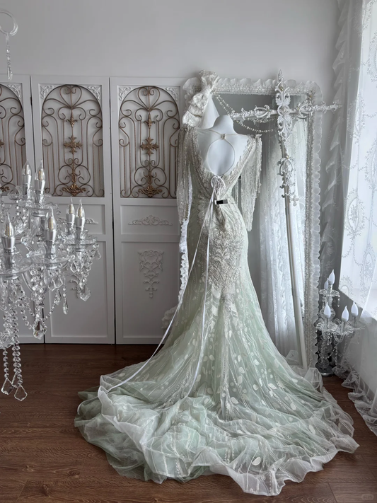 Light Green Square Neck Waist-Cinched Bodycon Mermaid Skirt Prom Gown, Evening Gown & Bridal Wedding Gown gh7359