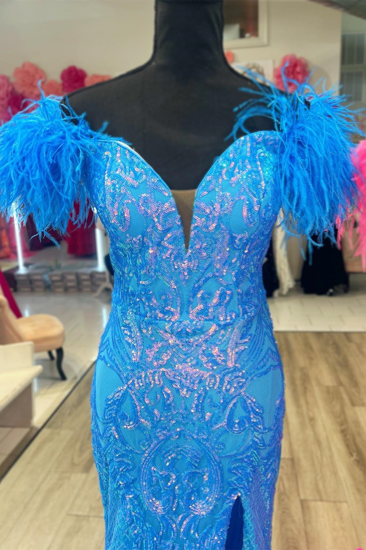 White Off-Shoulder Feathers Mermaid Sequined Long Prom Dress with Slit
