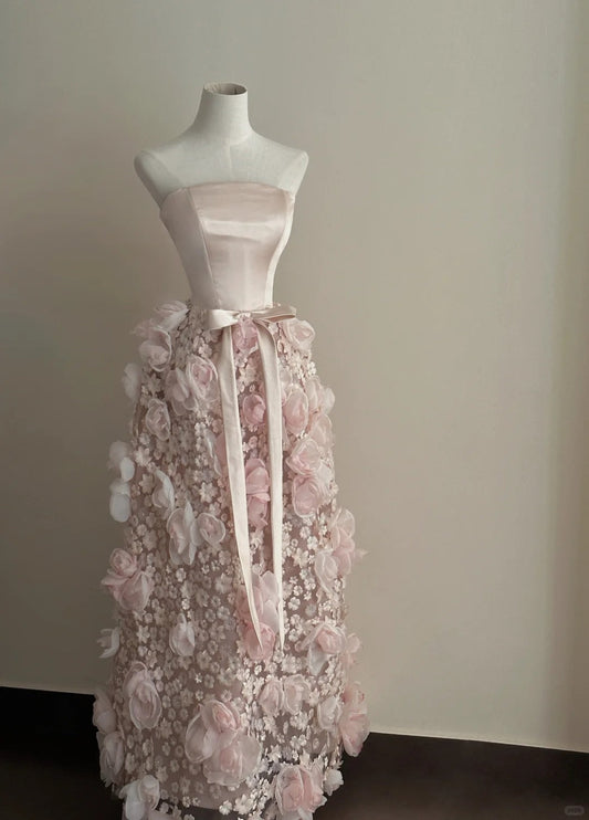 Sweet Pale Pink A-line 3D Floral Satin And Tulle Long Prom Dress Evening Dress Wedding Dress P4018