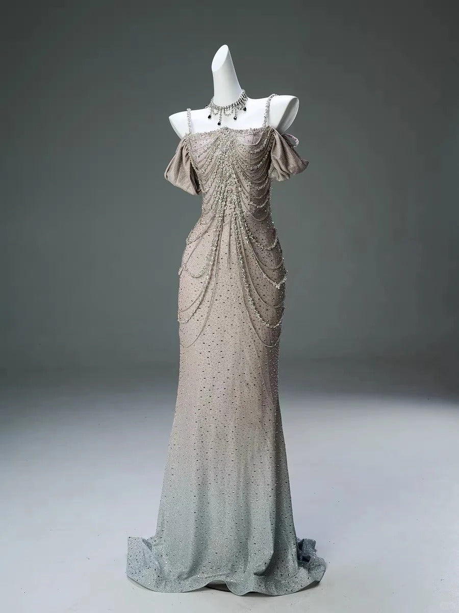 Champagne Gorgeous Shiny Gradient Beading Elegant Long Satin Ball Gown Evening Dress Party Dress gh4372
