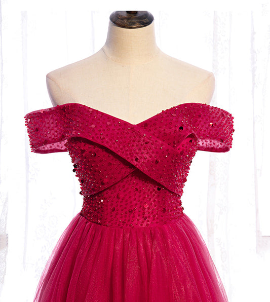 Red tulle beads long prom dress red evening dress 8427