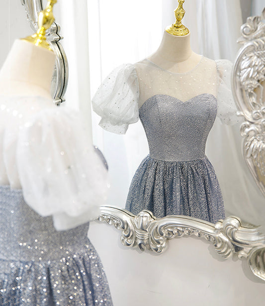 Gray tulle beads long prom dress A line evening dress 10483