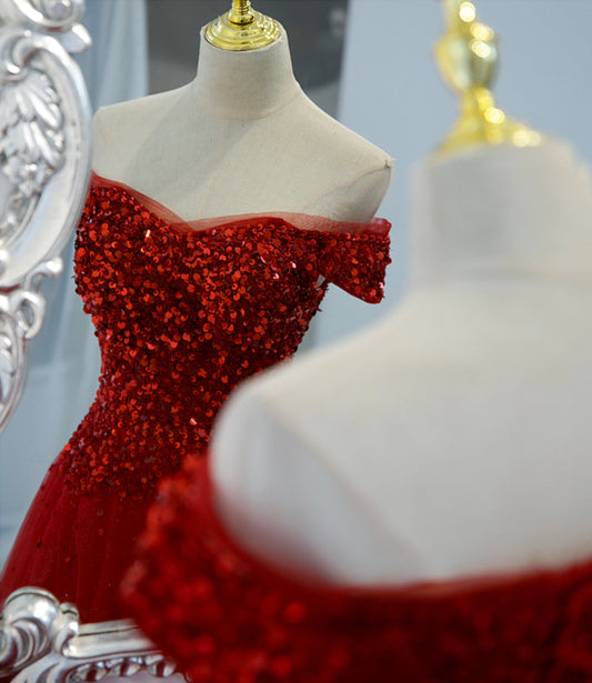 Red tulle sequins long prom dress red evening dress 8987