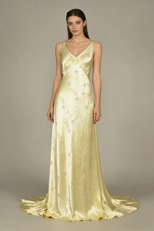 Modest A Line V Neckline Yellow Satin Beads Long Party Dress Prom Dresses P2341