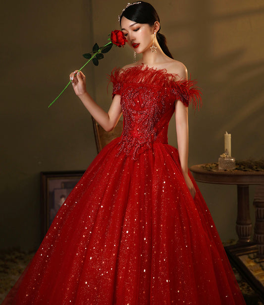 Red tulle sequins long ball gown dress A line evening dress 10324