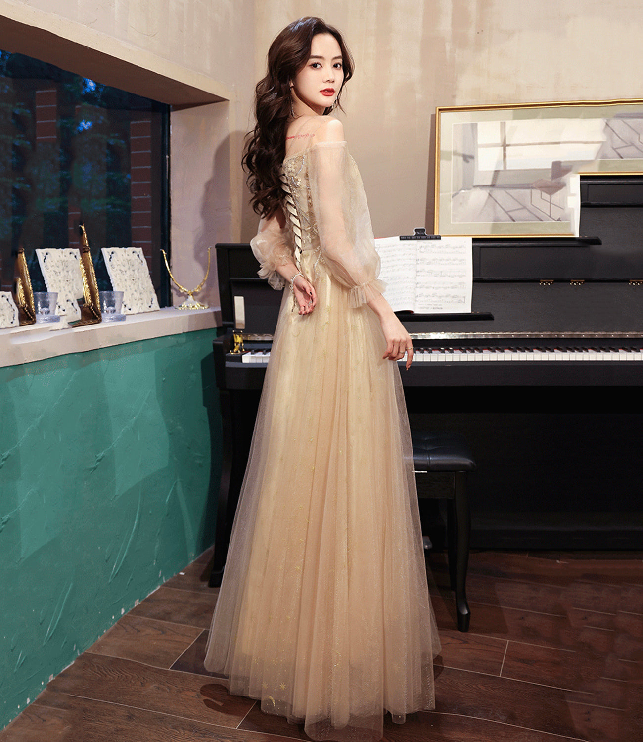 Champagne tulle lace long prom dress A line evening dress 10454