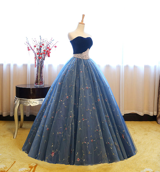 Blue tulle lace long ball gown dress blue evening dress 8622