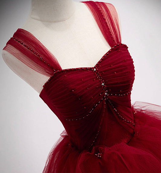 Burgundy tulle long ball gown dress evening dress 8978
