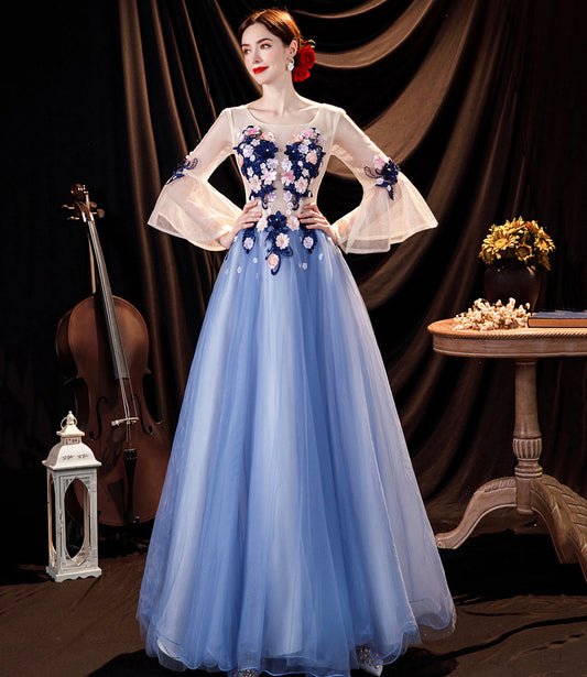Blue tulle applique long prom dress blue evening dress 10534