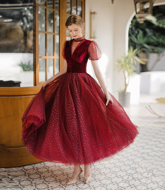Burgundy tulle short prom dress A line evening dress 8647