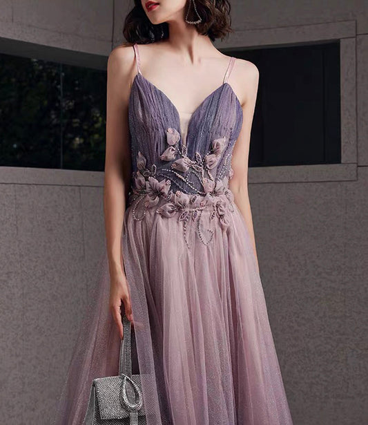 Purple tulle sequins long prom dress A line evening gown 10480