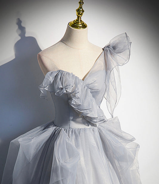 Gray tulle long ball gown dress A line evening gown 10273