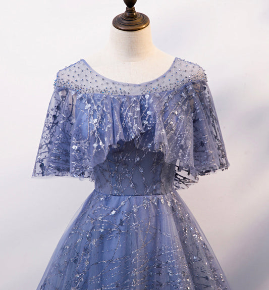 Blue tulle sequins long ball gown dress evening dress 8619