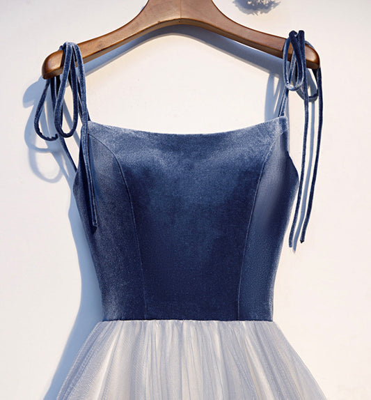 Blue velvet tulle long prom dress blue evening dress 8585