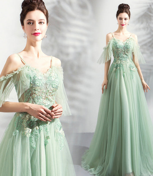 Green tulle lace long prom dress A line evening dress 10575