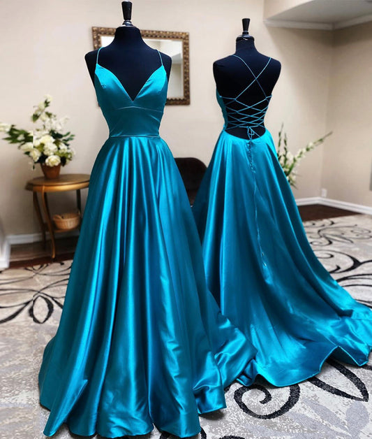 Blue satin long prom dress simple evening dress 8445