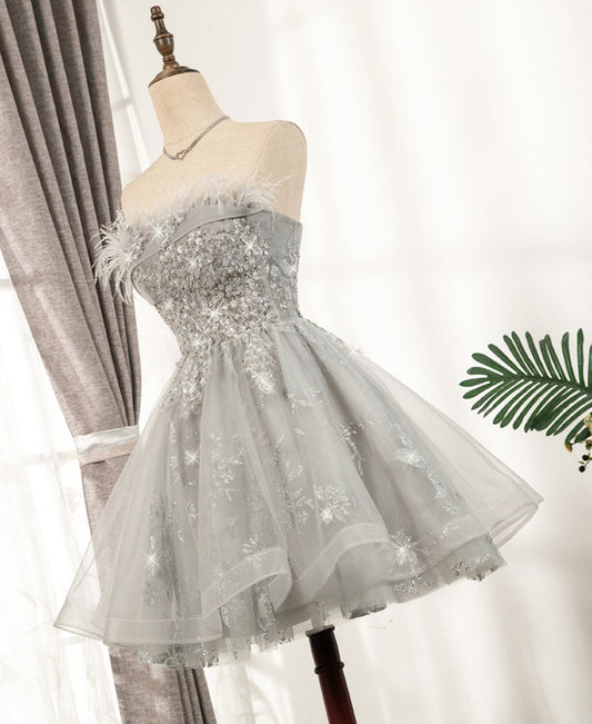 Gray tulle sequins short prom dress 8331