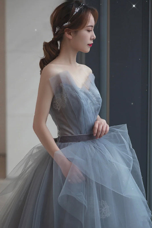 Gray tulle lace long A line prom dress evening dress 8682