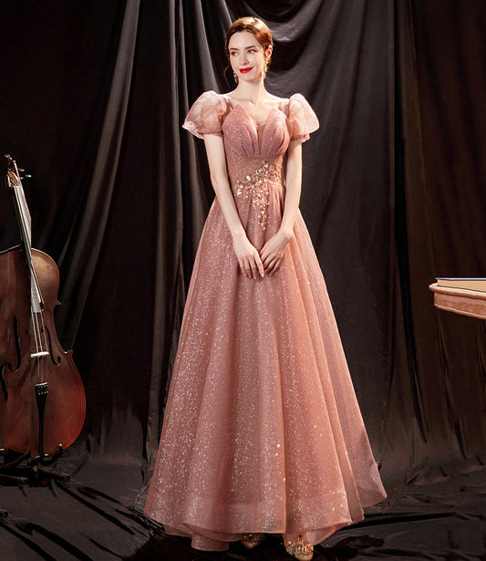 Pink tulle sequins long prom dress pink evening dress 10650