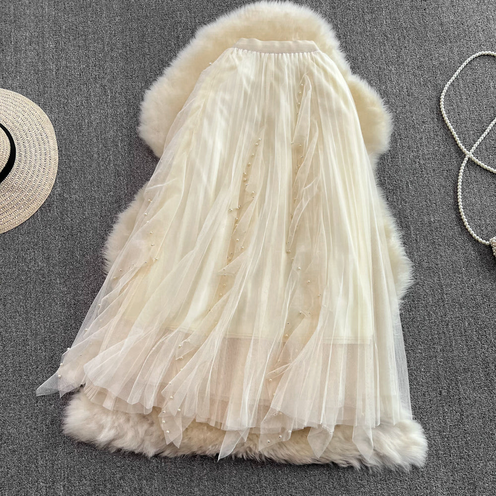 Elastic waist super fairy irregular nail bead mesh skirt 11286
