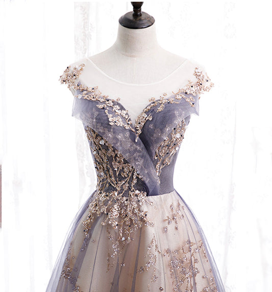 Cute tulle sequins long prom dress evening dress 10011