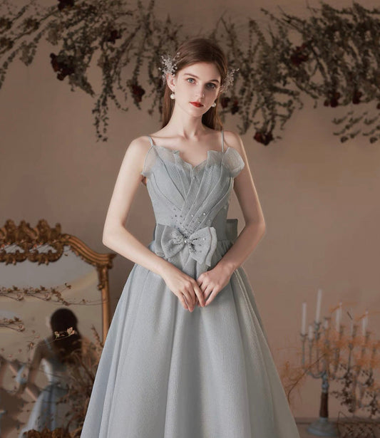 Gray soft chiffon long prom dress A line evening dress 10427