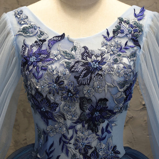Blue tulle lace long ball gown dress blue evening gown 10091