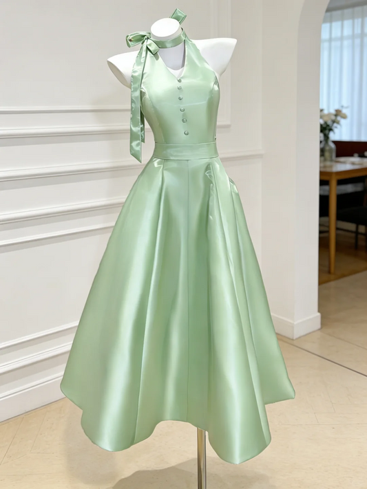 Light Color Halter Waist-Cinched Fitted Satin Elegant Evening Dress, Fairy Gown, Romantic Gown gh7380