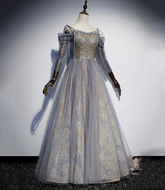 Gray tulle sequins long prom dress evening gown 10120